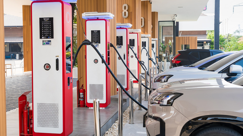 an EV charging station with six DC chargers