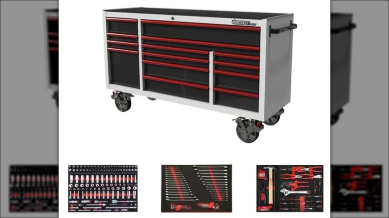 A Boxo USA tool box loaded with tools.