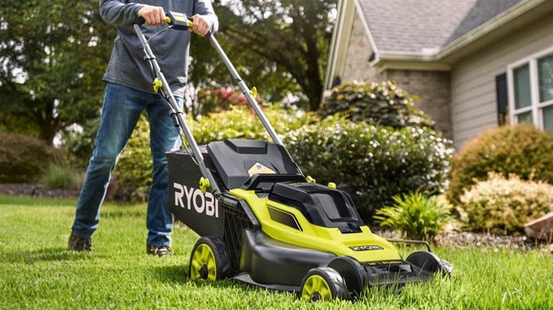 Person pushing Ryobi mowed on grass