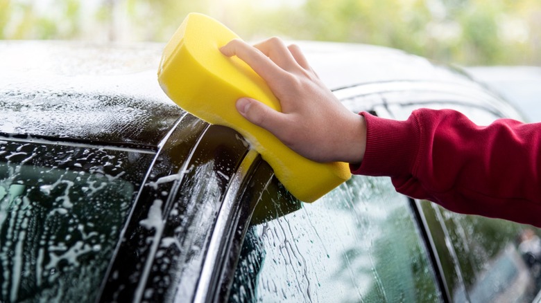 Hand washing car with sponge