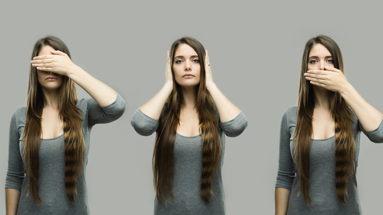 Three images of a woman with long hair. One covering her ears, one covering her eyes, and one covering her mouth.