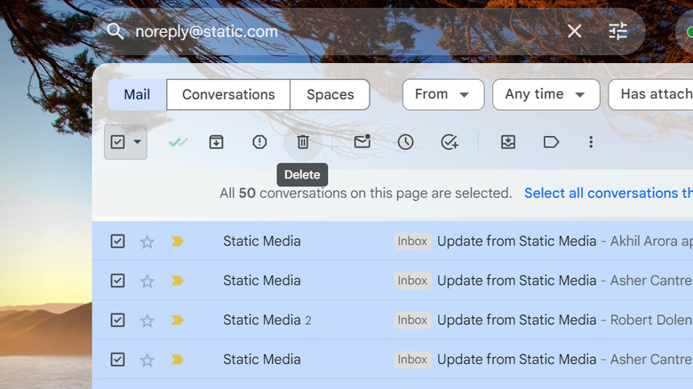 Gmail delete emails button