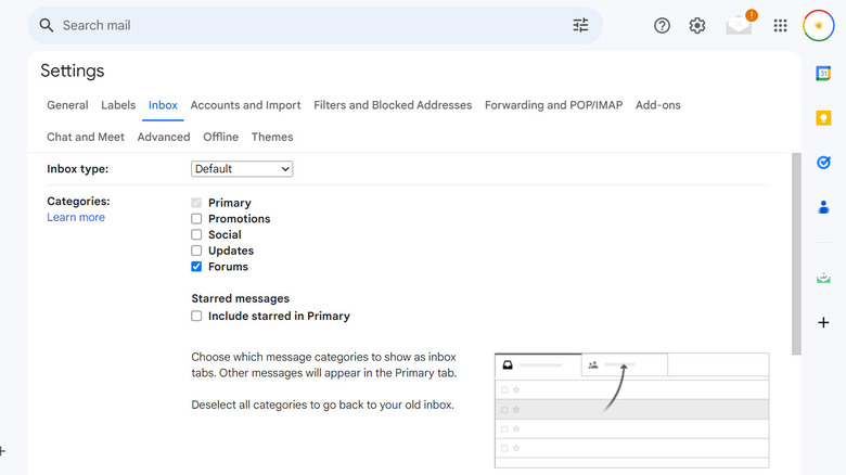 Gmail settings in categories section