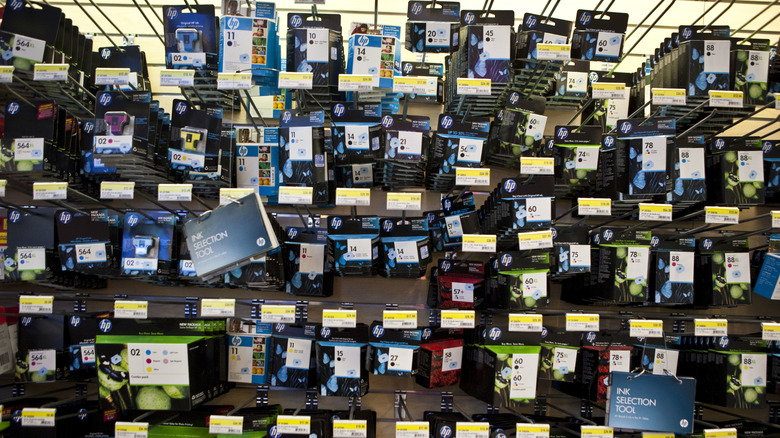 Hewlett-Packard (HP) printer ink cartridges are displayed in a store in New York City.
