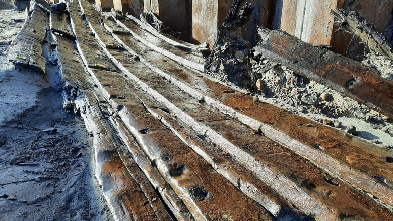 A wrecked portion of a ship in Varberg, Sweden