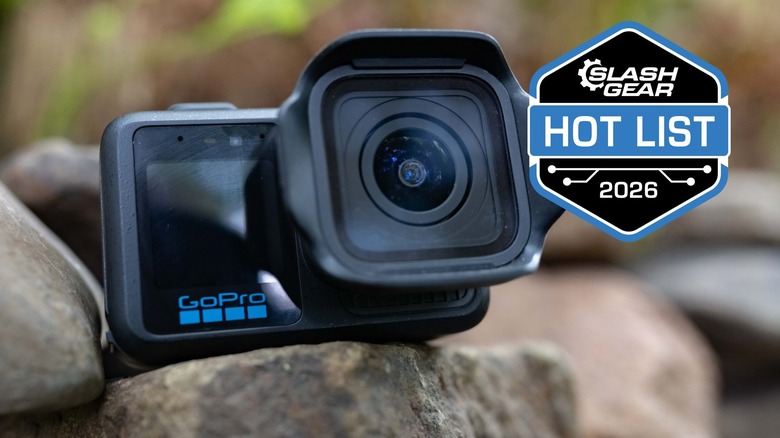 The GoPro Mission 1 Pro sitting on a rock.