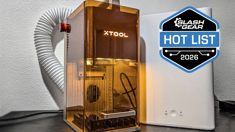 XTool F2 with air filter on desk.