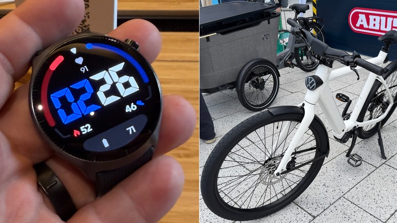 Split side-by-side image of Moto Watch Ultra and Volkswagen Bike