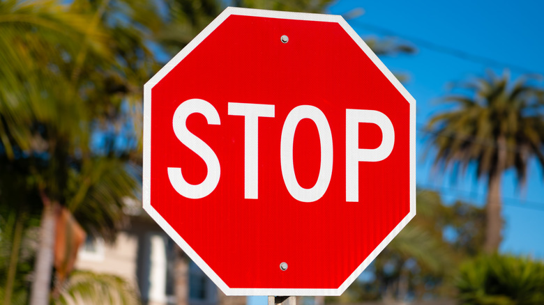 A stop sign with palm trees in the background