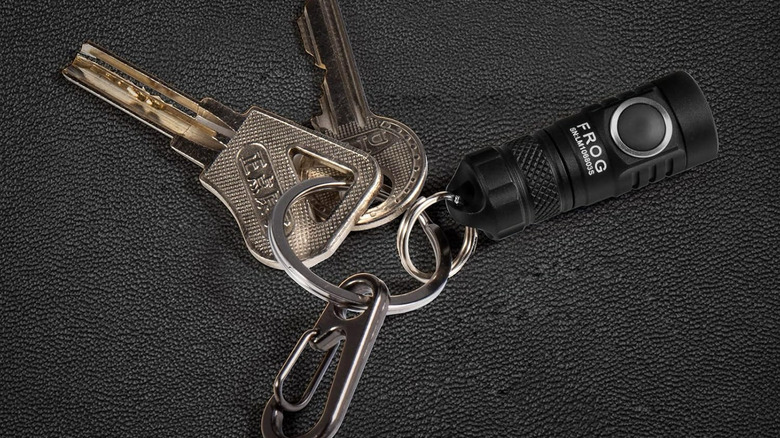 Frog 2.0 Keychain Flashlight attached to a keyring.