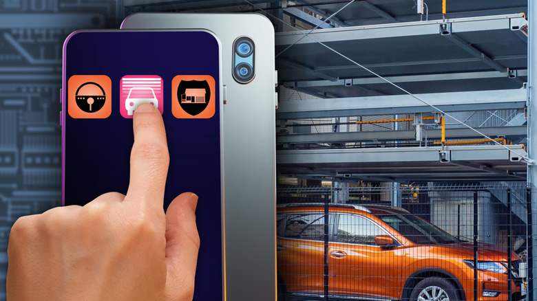 Finger clicking a Garage Door Opener app on a smartphone