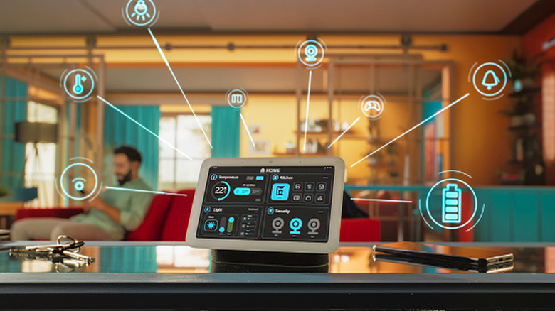 A tablet sitting on a countertop showing the components of a smart home