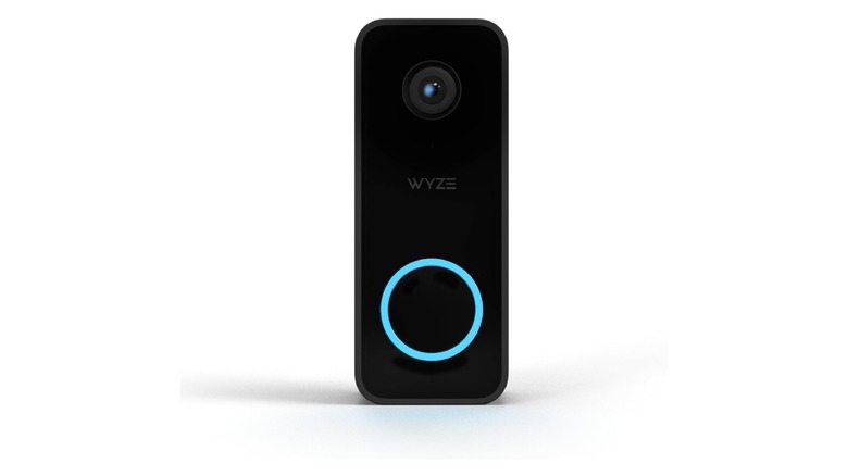 Black rectangular smart doorbell with an illuminated blue button