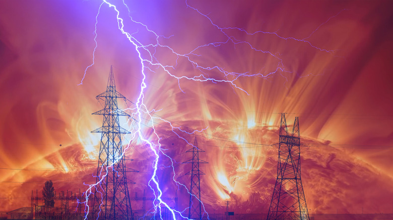 An artists interpretation of how the suns solar storm would affect electrical grids.