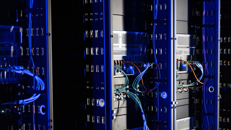 A close up shot of data center server racks and wiring at a Nebius data center in Finland.
