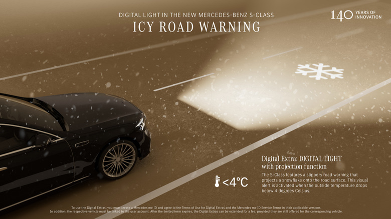 Mercedes-Benz S-Class icy road warning projection graphic