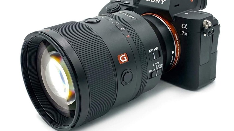 Close up of the Sony alpha 7 iii 3 mirrorless digital camera with a Sony FE GM Lens 