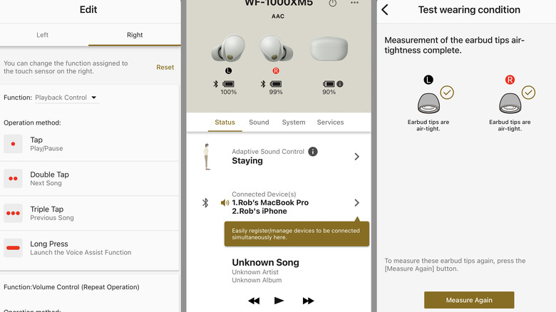 Screenshots of Sony headphones app showing tap controls, battery power, and tip testing menus