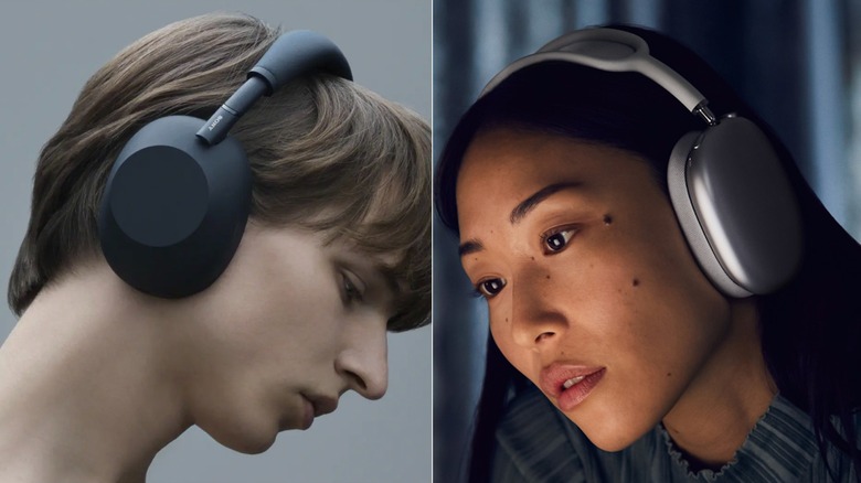 Side-by-side of one person wearing Sony WH-1000XM6 and another wearing Apple AirPods Max