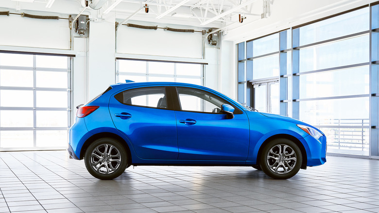 Blue 2020 Toyota Yaris parked in a garage