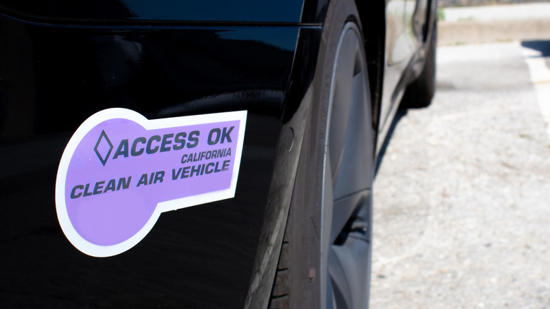 California clean air vehicle access sticker on Tesla Model 3