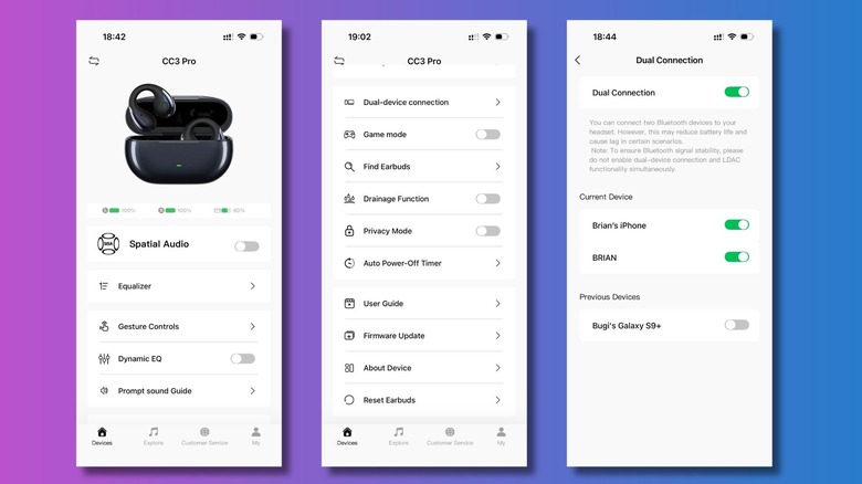 screenshots of soundpeats app customization options