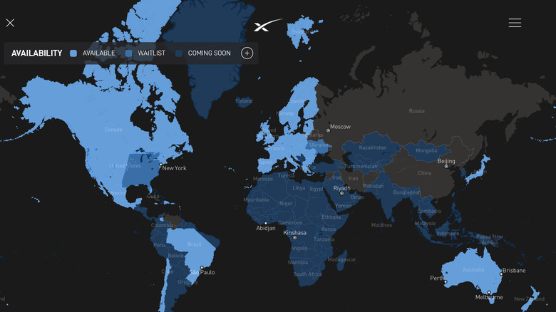 Service coverage map of Starlink as of November 2022