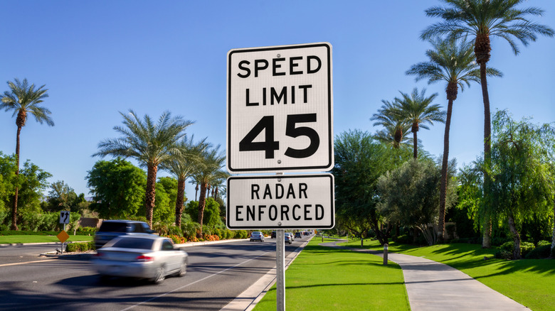 45 mph speed limit sign on road lined with palm trees