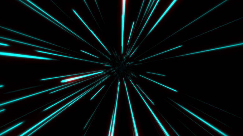 Illustration of stars streaking by a spaceship that has jumped into lightspeed or hyperspace, conveying extreme speed.
