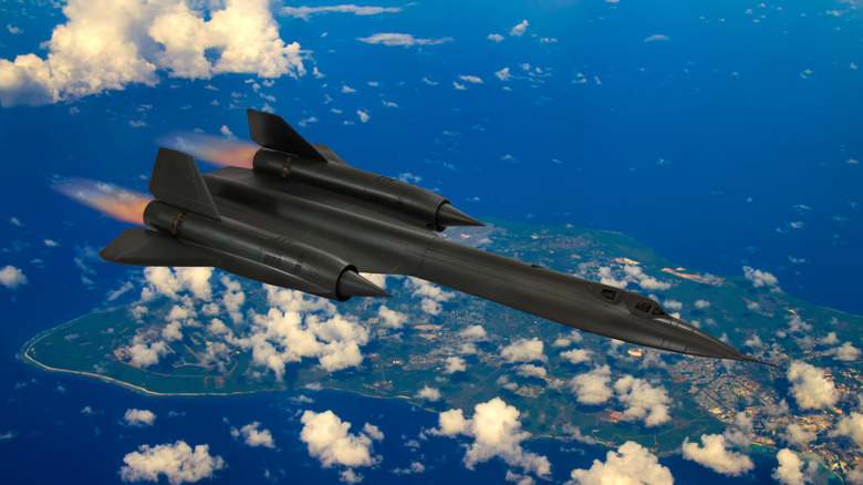 SR-17 flies over water with an island