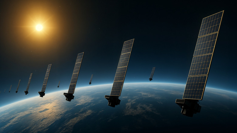Illustration concept of a fleet of Internet Starlink satellites i