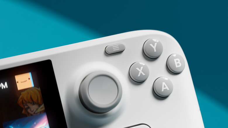 A close-up of a white Steam Deck showing grey buttons and a joystick.