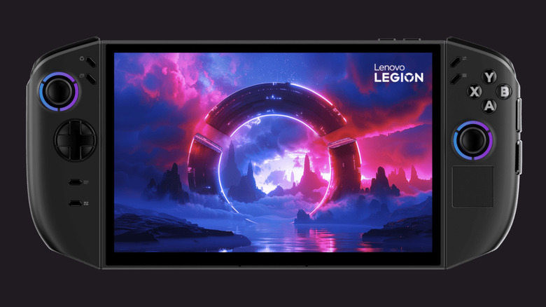 A black Lenovo Legion Go S facing the camera with a purple and pink graphic display and all buttons visible.