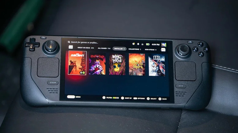 Steam Deck OLED on a car seat
