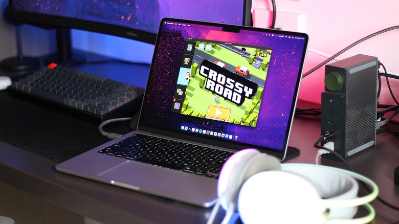Playing an arcade game on a MacBook