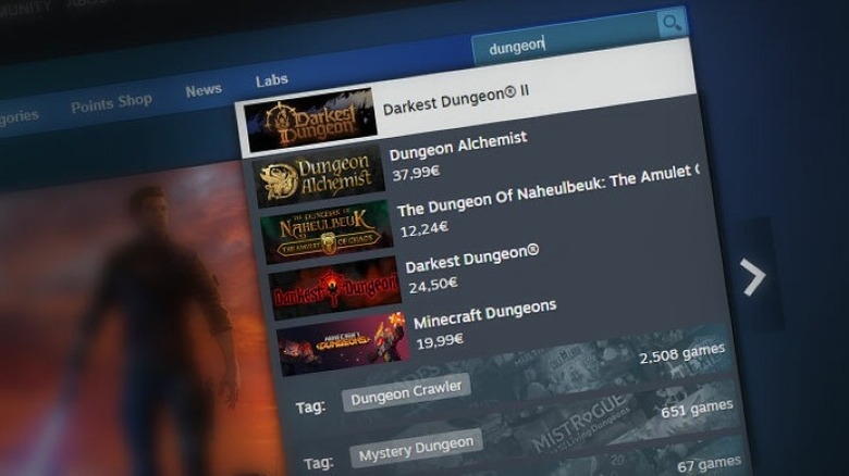 Screenshot of steam search feature