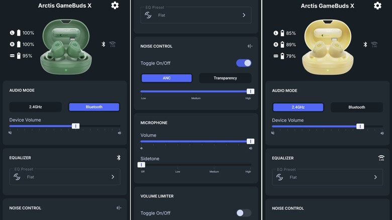 Three screenshots from the Arctis app on a mobile phone