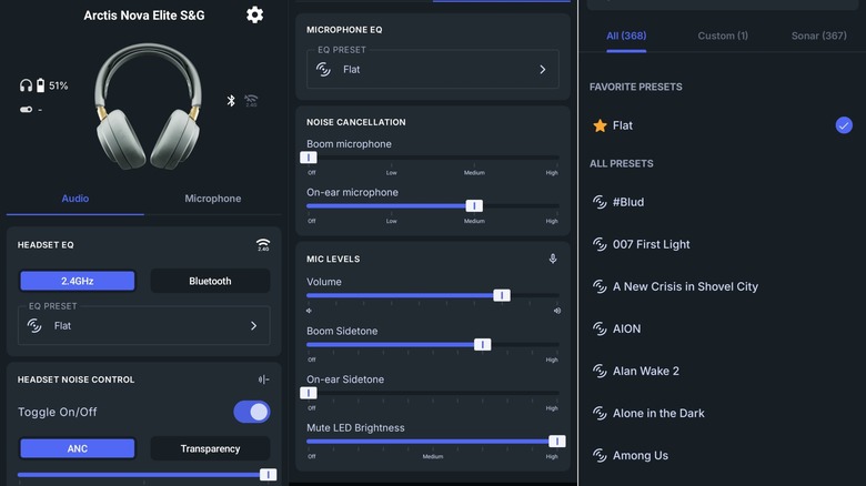 Screenshots from the Arctis app