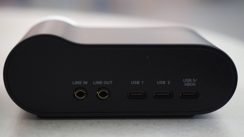 Rear view of SteelSeries Arctis Nova Pro Omni GameHub with two 3.5mm and three USB-C ports shown