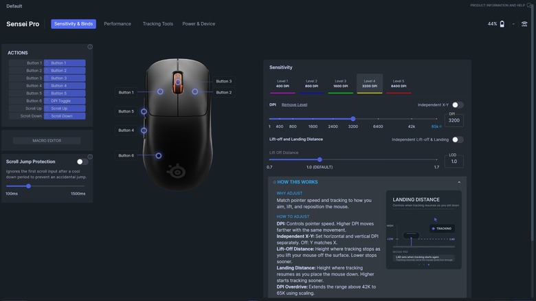 Sensitivity and Binding settings for Sensei Pro in SteelSeries GG app