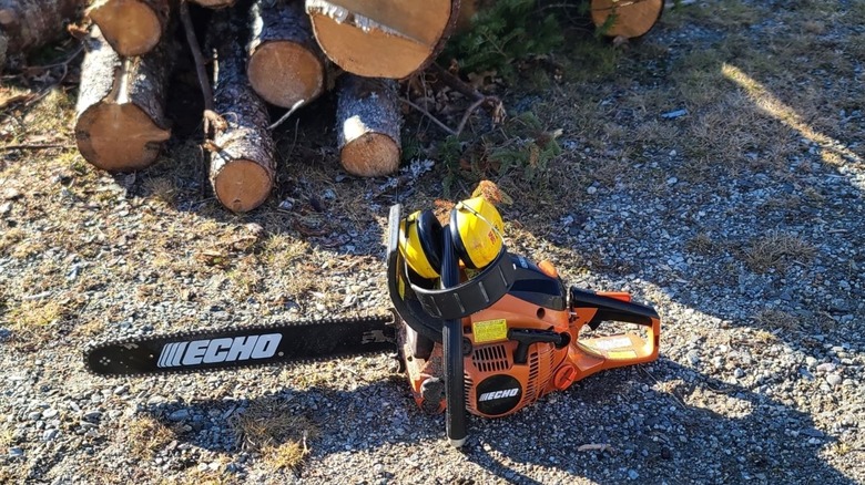 An Echo chainsaw sitting by a pile of cut wood.
