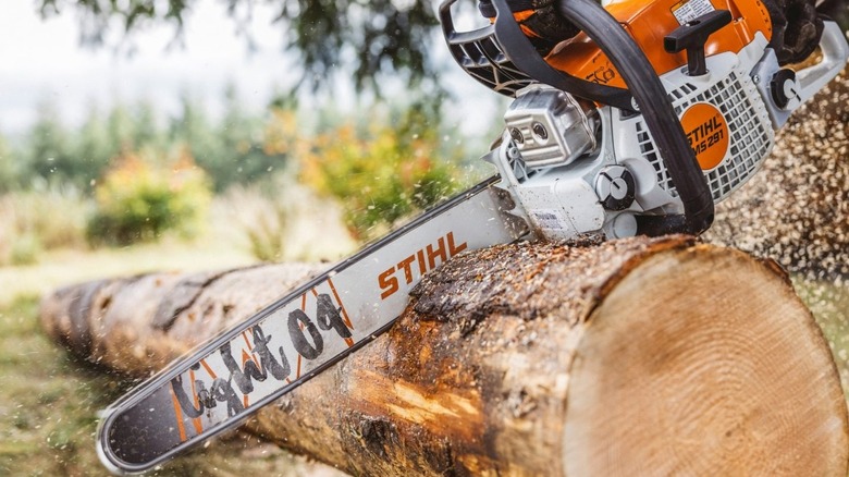 A STIHL MS-291 chainsaw cutting through a large log