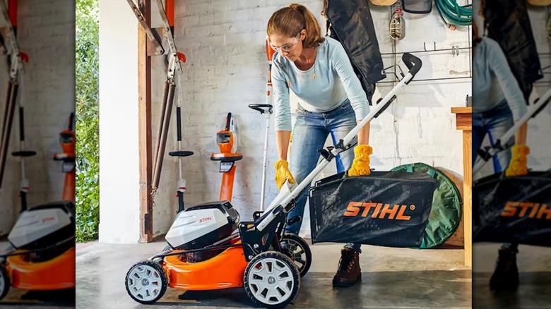 Homeowner setting up Stihl RMA 460 Cordless Lawn Mower