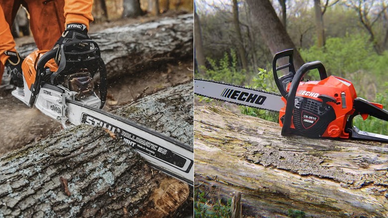 Side-by-side images of Stihl and Echo chainsaws
