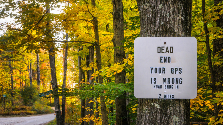 Sign on tree reading: Dead End Your GPS Is Wrong