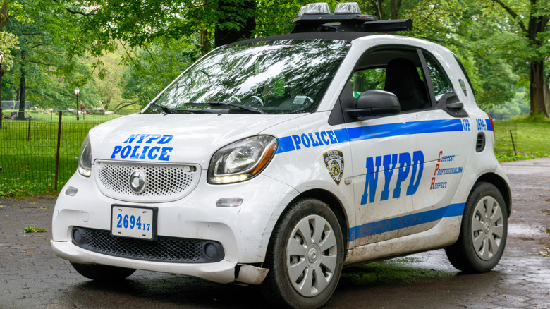 A tiny, bean-shaped NYPD Smart ForTwo patrol car