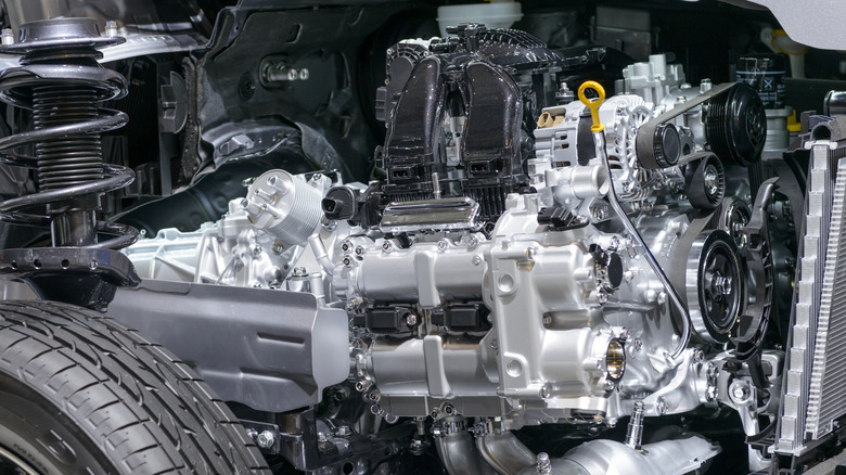 A Subaru Legacy Outback boxer engine on display