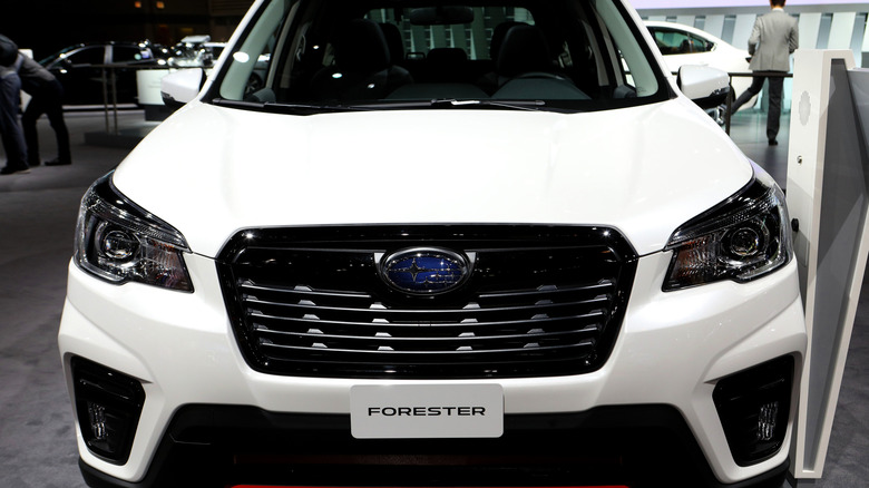 The windshield and front end of a white 2019 Subaru Forester.