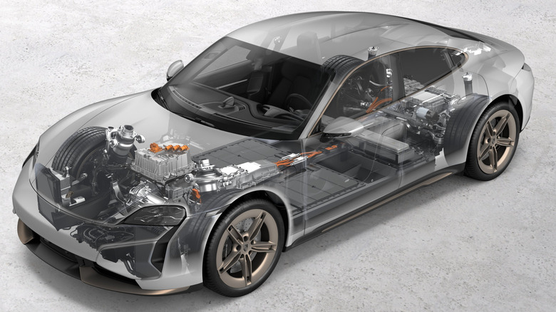 Porsche Taycan transparent view showing detail of electric motors.