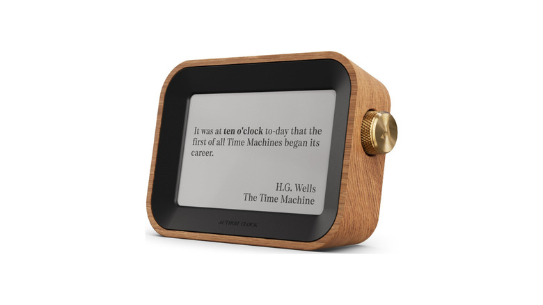 A wooden clock displaying quotes from books